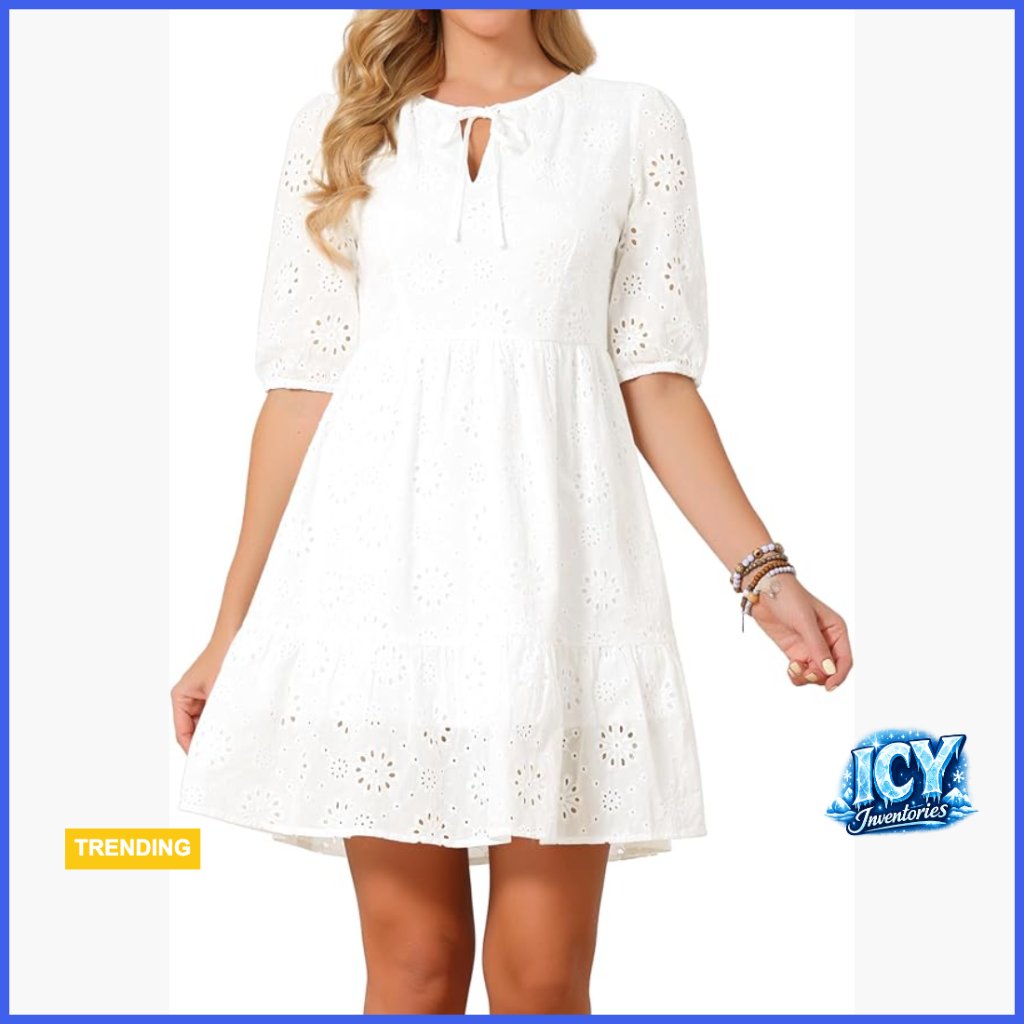 Cotton Eyelet Dress, V Neck Half Sleeve A Line Tiered Mini